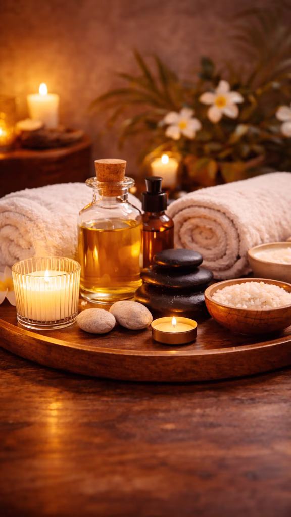 Lomi Lomi massage spa setup Belgrade – oil, stones and candles in hotel room