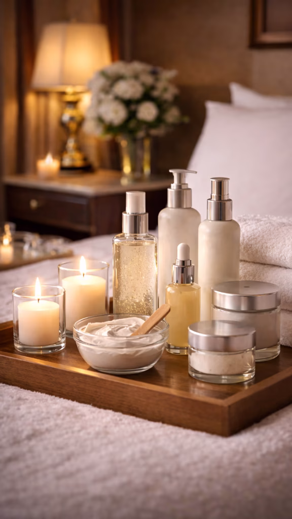 Luxury skin care treatment setup with spa products in hotel room Belgrade