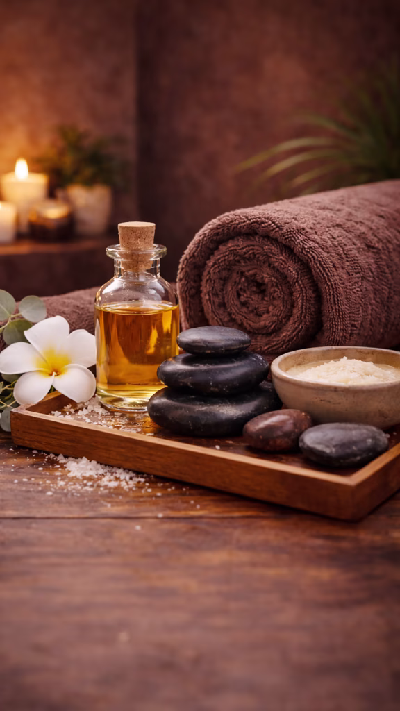 Sports massage setup with oils and stones in a warm recovery environment