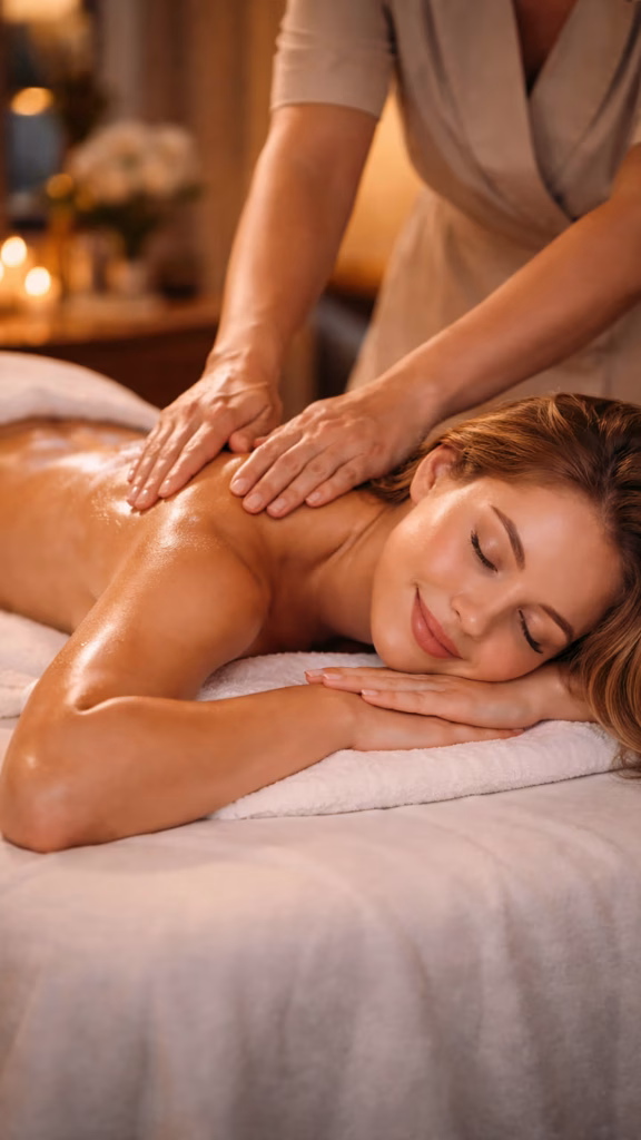 Swedish massage in-room treatment in Belgrade with a relaxed woman and therapist performing gentle strokes on her back